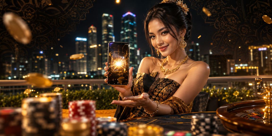 Model menggunakan ponsel untuk bermain casino mobile Vietnam dengan tampilan modern