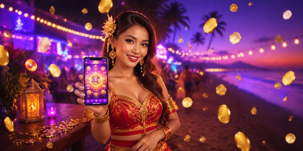 Pengguna mengakses casino mobile di pantai dengan ponsel dan koneksi internet seluler