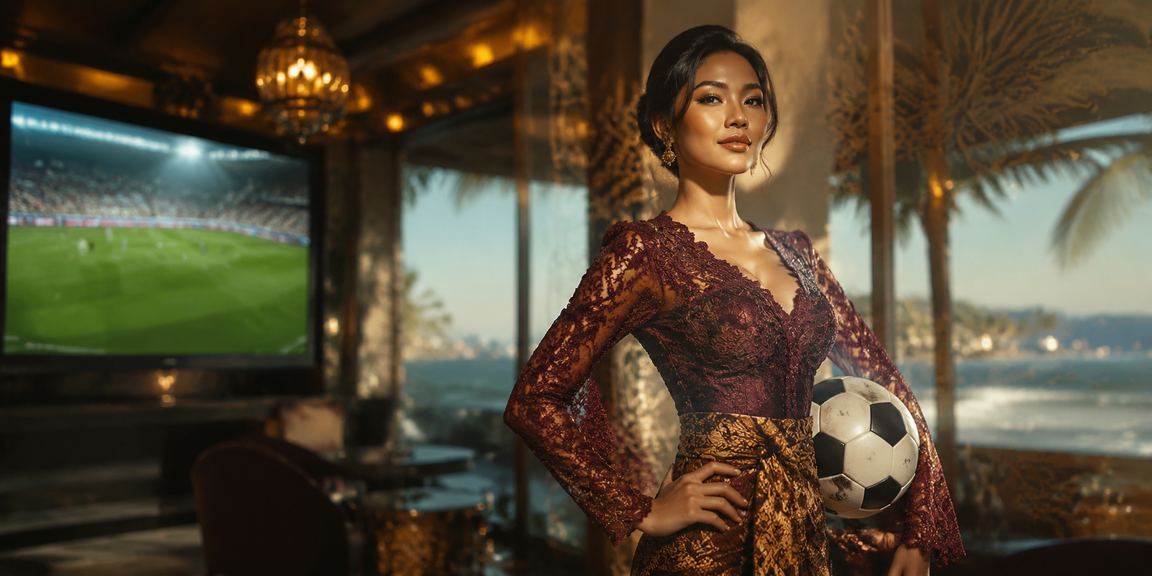 Model menjelaskan aturan taruhan olahraga dengan tampilan layar digital modern di latar belakang